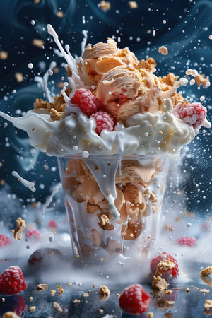 ice cream with raspberries and milk splash on dark blue backgroundの素材