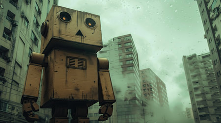 Retro robot with raindrops on the street. 3d renderingの素材