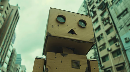 Boxes with a smiley face on the background of the cityの素材