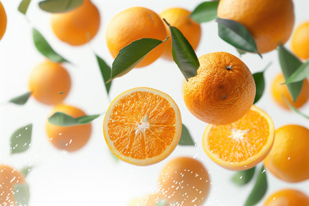 Fresh oranges falling into water on white background, closeup. Fresh fruitsの素材
