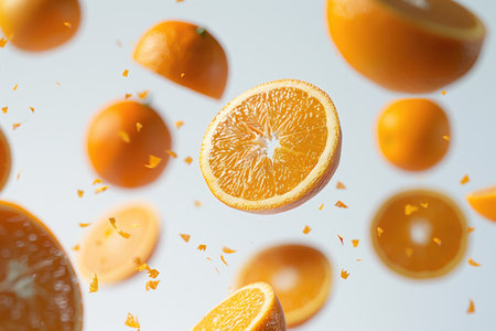 Falling oranges on white background. Fresh fruit concept. 3D Renderingの素材