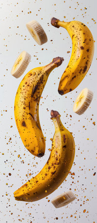 Flying bananas with pieces of banana on white background. Top view.の素材