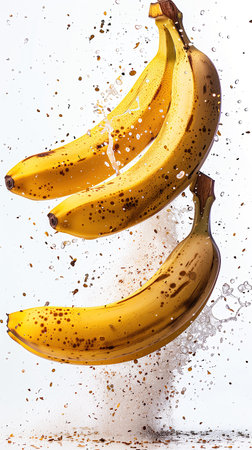 Bunch of bananas splashing out of the water on a white backgroundの素材