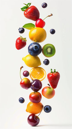 Falling fruits and berries on white background. Healthy food concept.の素材