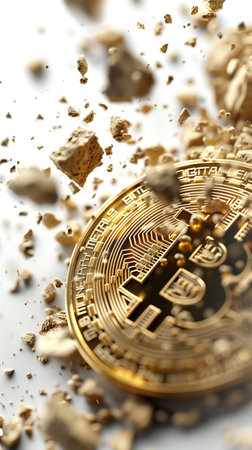 Golden coin of bitcoin with crumbs on white background. 3D illustration.の素材