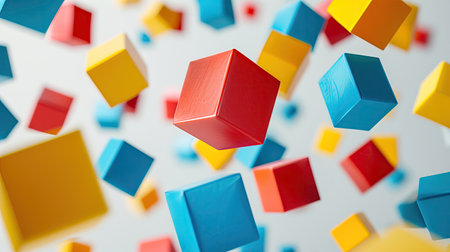Colorful toy blocks flying in the air on a white background.の素材