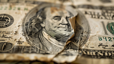 Close-up of crumpled dollar bill. Shallow depth of field.の素材