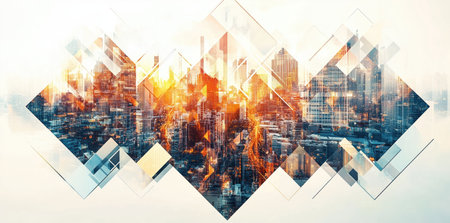 Double exposure of modern cityscape and abstract geometric pattern. 3D Renderingの素材