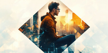 Side view of young man in casual wear and eyeglasses sitting on cityscape background with double exposure of cityscape. Toned imageの素材