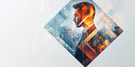 Side view of young businessman with double exposure of modern cityscape. Toned imageの素材