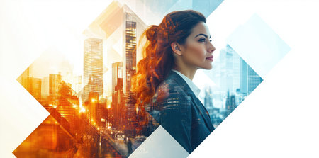 Double exposure of young businesswoman and modern cityscape. Double exposureの素材