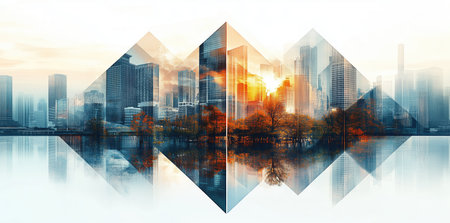 Double exposure of modern cityscape and skyscrapers at sunset.の素材