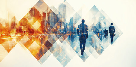 Double exposure of businesswoman walking with city and skyscrapers backgroundの素材
