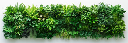 Top view of green plant wall decoration isolated on white background with copy space.の素材