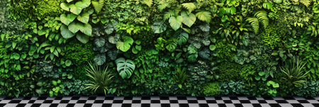 3d rendering of green wall background with garden plants and checkered floorの素材