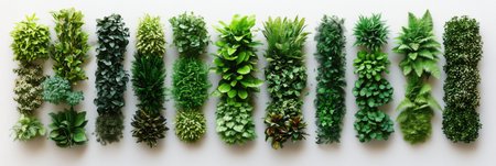 top view of green plants arranged in row on white background, panoramic shotの素材