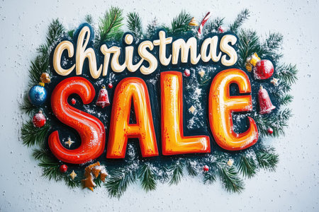 Christmas sale lettering on the background of fir branches and toys.の素材
