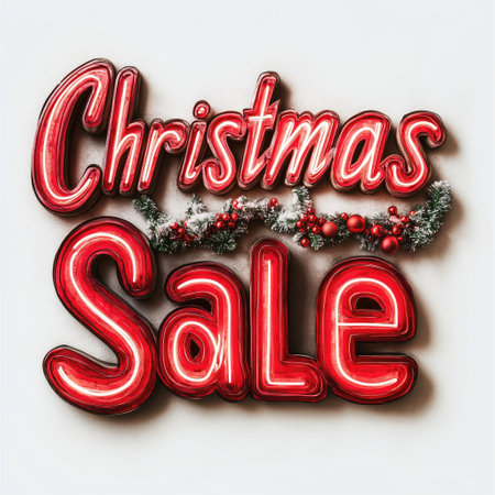 Christmas sale lettering in red neon light on a white background.の素材