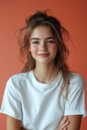 Portrait of a beautiful young girl in a white T-shirt.の素材