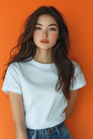 beautiful young asian woman in white t-shirt on orange backgroundの素材