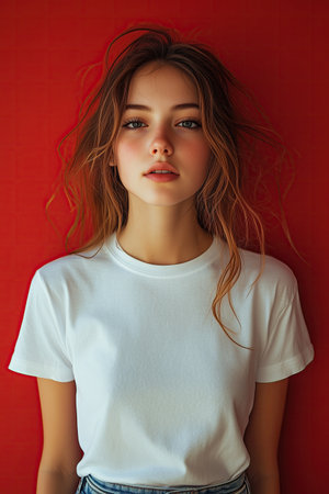 Portrait of a beautiful girl in a white T-shirt on a red backgroundの素材