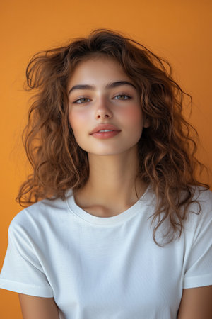 beautiful young woman with curly hair looking at camera isolated on orangeの素材