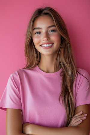 Portrait of a beautiful young woman in a pink t-shirt on a pink backgroundの素材