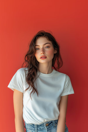 portrait of beautiful girl in white t-shirt on red backgroundの素材