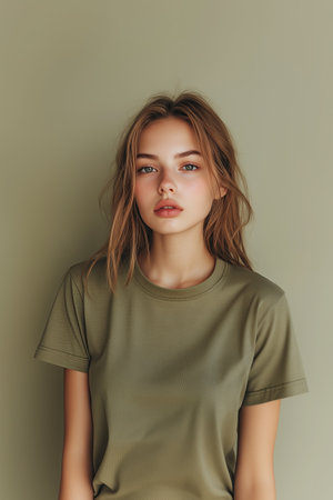 Portrait of a beautiful young woman in a green t-shirt.の素材