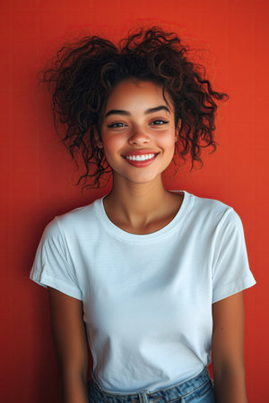 Portrait of a beautiful young african american woman smiling against red backgroundの素材