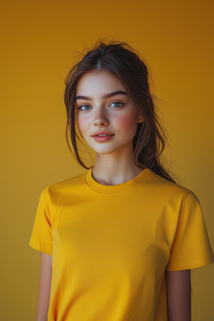 portrait of a beautiful girl in a yellow T-shirt on a yellow backgroundの素材