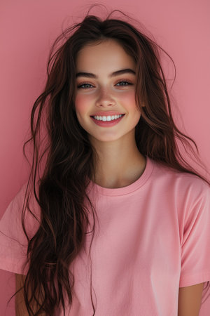 beautiful smiling girl with long hair on pink background, closeupの素材