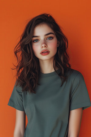Portrait of a beautiful young brunette woman in a green T-shirt on an orange backgroundの素材