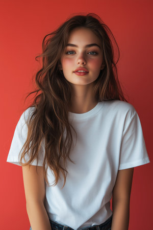 beautiful young woman in white t-shirt looking at camera isolated on redの素材