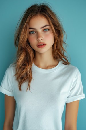 Beautiful young woman in white t-shirt on blue background.の素材