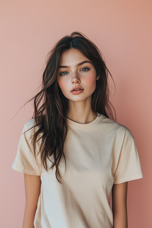 beautiful young woman with long hair looking at camera isolated on pinkの素材