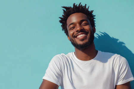 Handsome african american man smiling and looking away against blue backgroundの素材