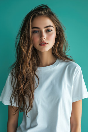 Portrait of a beautiful girl with long hair on a green backgroundの素材