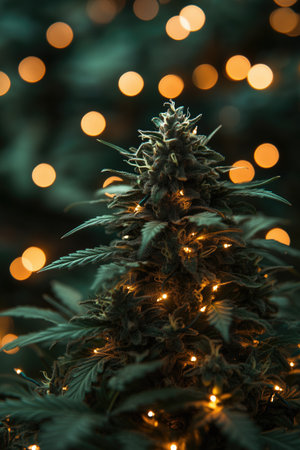 Cannabis buds on the background of the Christmas tree and lightsの素材