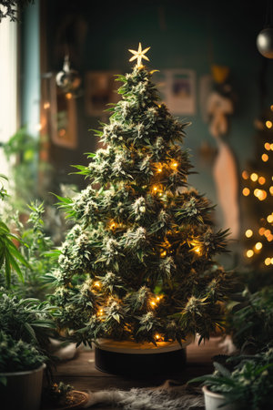 Christmas tree with lights and decorations on the background of the living roomの素材