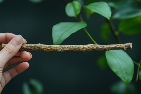 Hand holding a branch of a ficus benjamina tree.の素材