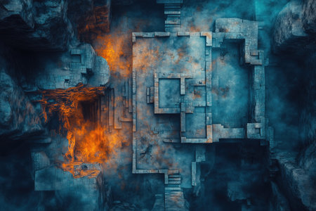 Fractal 3D illustration of an old abandoned factory building with fire and smokeの素材
