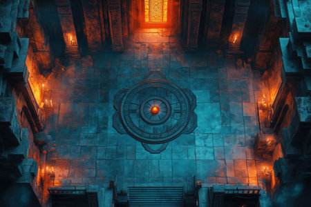 Fantasy background with a compass and an ancient temple. 3d renderingの素材