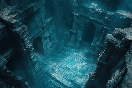 Ruins of ancient temple in the mist. 3D rendering.の素材