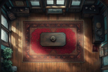 3d render of an old wooden room with a red carpet and a doorの素材