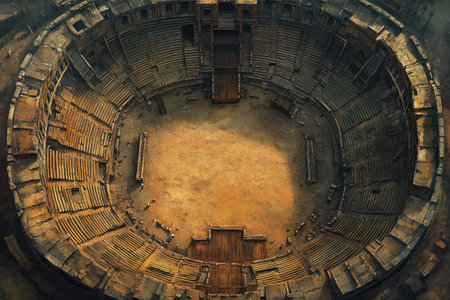 The interior of an ancient theater with a lot of empty seats.の素材