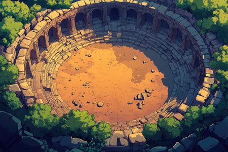 Ruins of ancient Roman amphitheater in the forest. Vector illustrationの素材