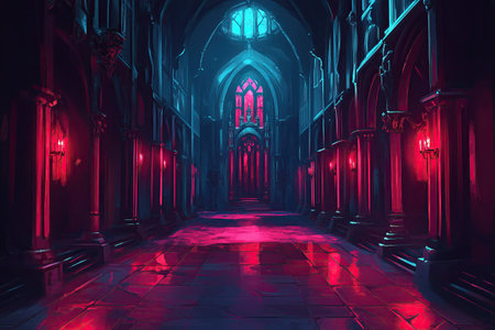 Futuristic gothic church interior with glowing red lights. 3D renderingの素材