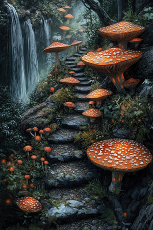 Fantasy landscape with mushrooms in the forest. 3d illustration.の素材