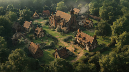 Aerial view of medieval village in the middle of the forest.の素材